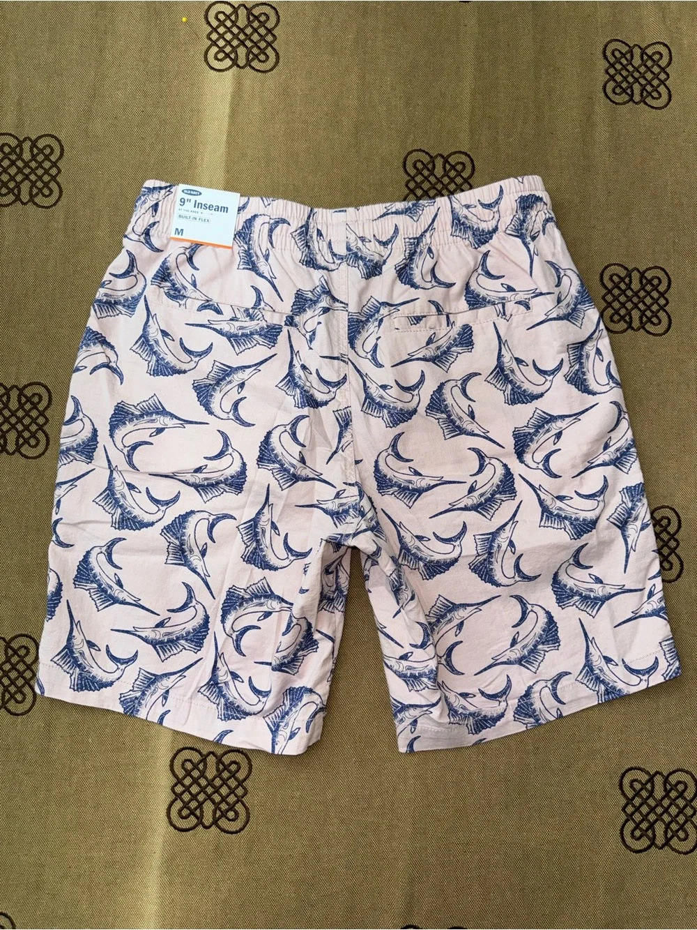 Old Navy NWT! Men'S Pink Marlin Fish Print Shorts Chino Elastic Waist Drawstring